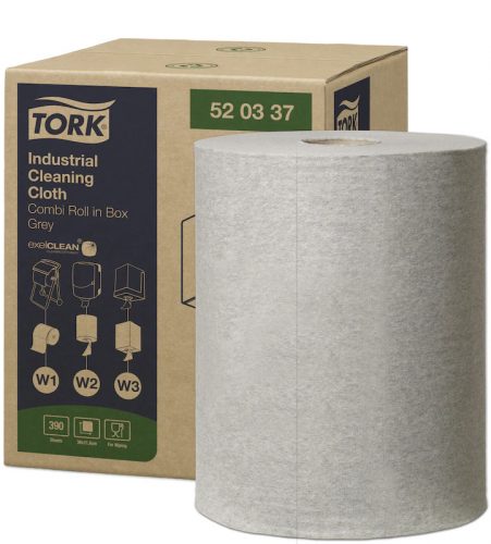 Tork ipari tisztítókendő, dobozos kombi tekercses W1/W2/W3 Premium, szürke, 1r., 148,2m/390lap/